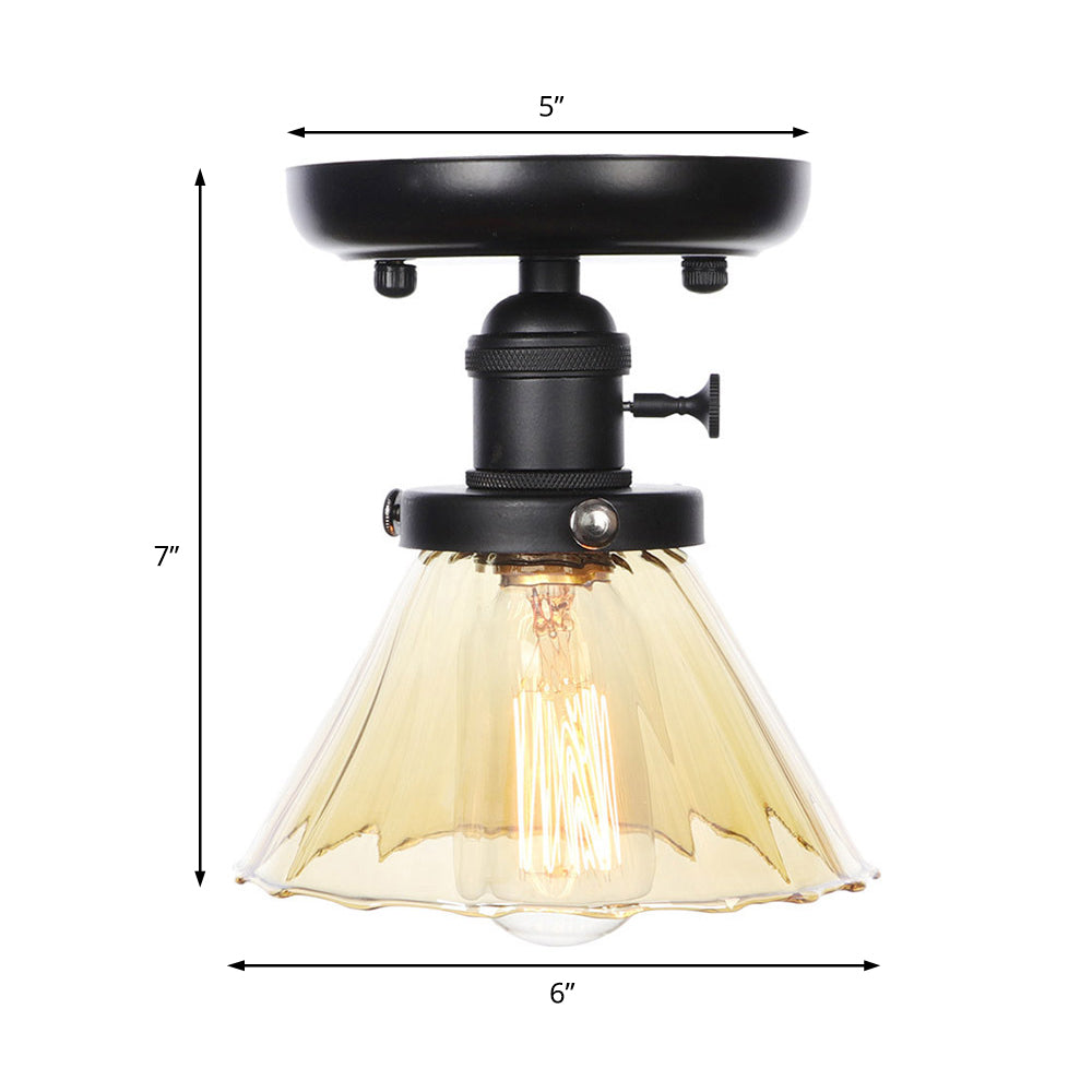 1 Bulb Semi Flush Mount Clear/Amber Glass Industrial Cone/Rhombus/Bell Ceiling Light for Kitchen Clearhalo 'Ceiling Lights' 'Close To Ceiling Lights' 'Close to ceiling' 'Glass shade' 'Glass' 'Semi-flushmount' Lighting' 208906