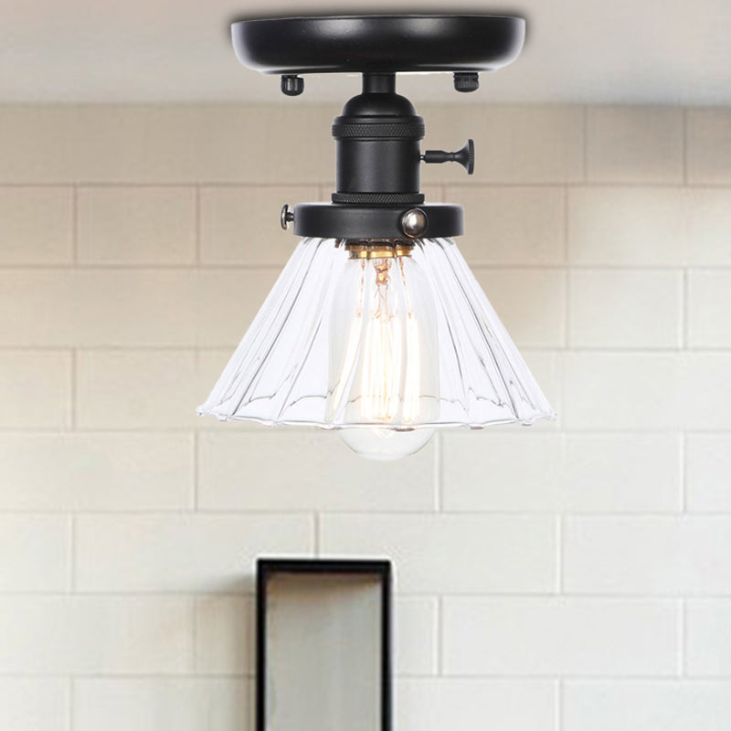 1 Bulb Semi Flush Mount Clear/Amber Glass Industrial Cone/Rhombus/Bell Ceiling Light for Kitchen Clearhalo 'Ceiling Lights' 'Close To Ceiling Lights' 'Close to ceiling' 'Glass shade' 'Glass' 'Semi-flushmount' Lighting' 208908