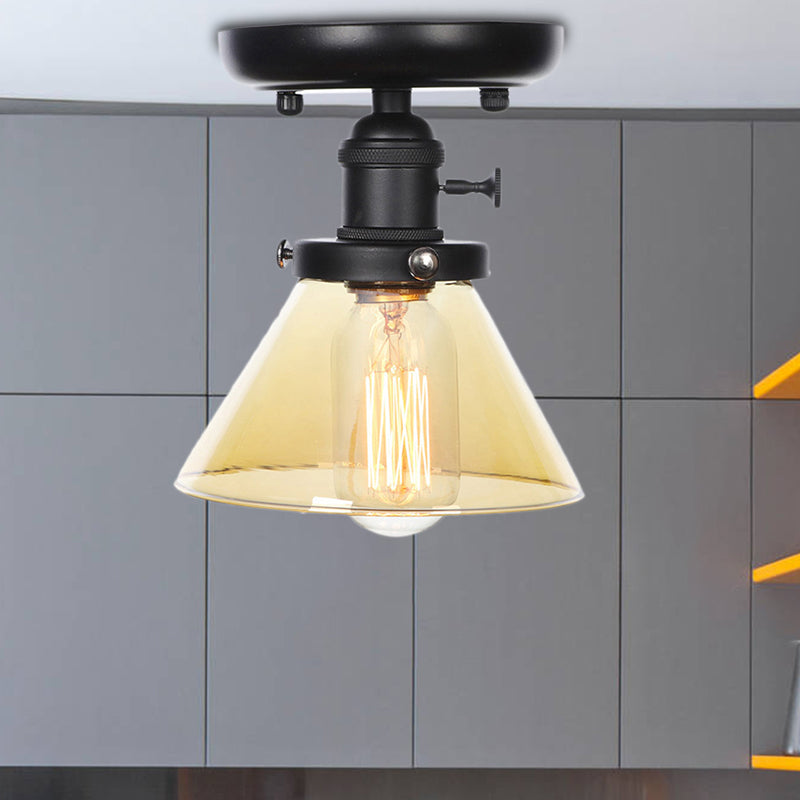 1 Bulb Semi Flush Mount Clear/Amber Glass Industrial Cone/Rhombus/Bell Ceiling Light for Kitchen Clearhalo 'Ceiling Lights' 'Close To Ceiling Lights' 'Close to ceiling' 'Glass shade' 'Glass' 'Semi-flushmount' Lighting' 208911
