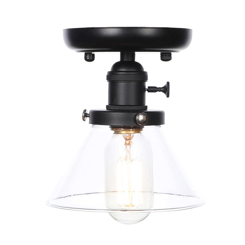 1 Bulb Semi Flush Mount Clear/Amber Glass Industrial Cone/Rhombus/Bell Ceiling Light for Kitchen Clearhalo 'Ceiling Lights' 'Close To Ceiling Lights' 'Close to ceiling' 'Glass shade' 'Glass' 'Semi-flushmount' Lighting' 208915