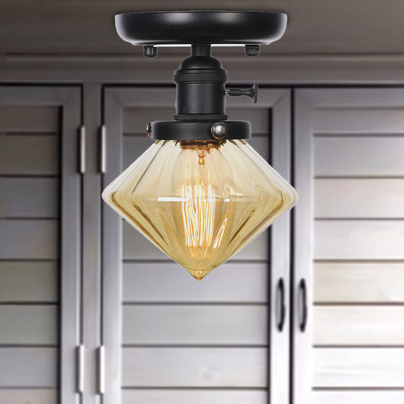 1 Bulb Semi Flush Mount Clear/Amber Glass Industrial Cone/Rhombus/Bell Ceiling Light for Kitchen Clearhalo 'Ceiling Lights' 'Close To Ceiling Lights' 'Close to ceiling' 'Glass shade' 'Glass' 'Semi-flushmount' Lighting' 208917