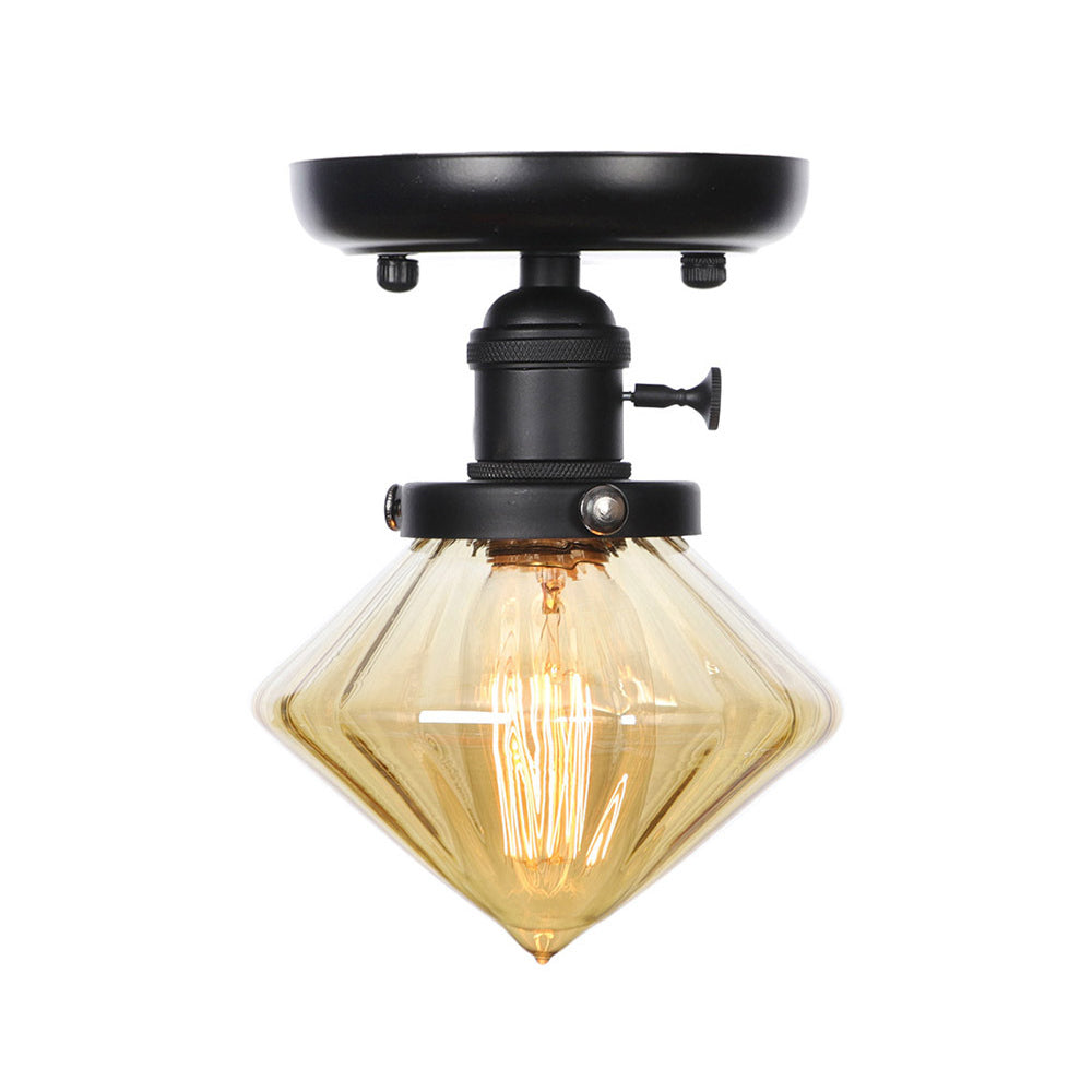 1 Bulb Semi Flush Mount Clear/Amber Glass Industrial Cone/Rhombus/Bell Ceiling Light for Kitchen Clearhalo 'Ceiling Lights' 'Close To Ceiling Lights' 'Close to ceiling' 'Glass shade' 'Glass' 'Semi-flushmount' Lighting' 208918