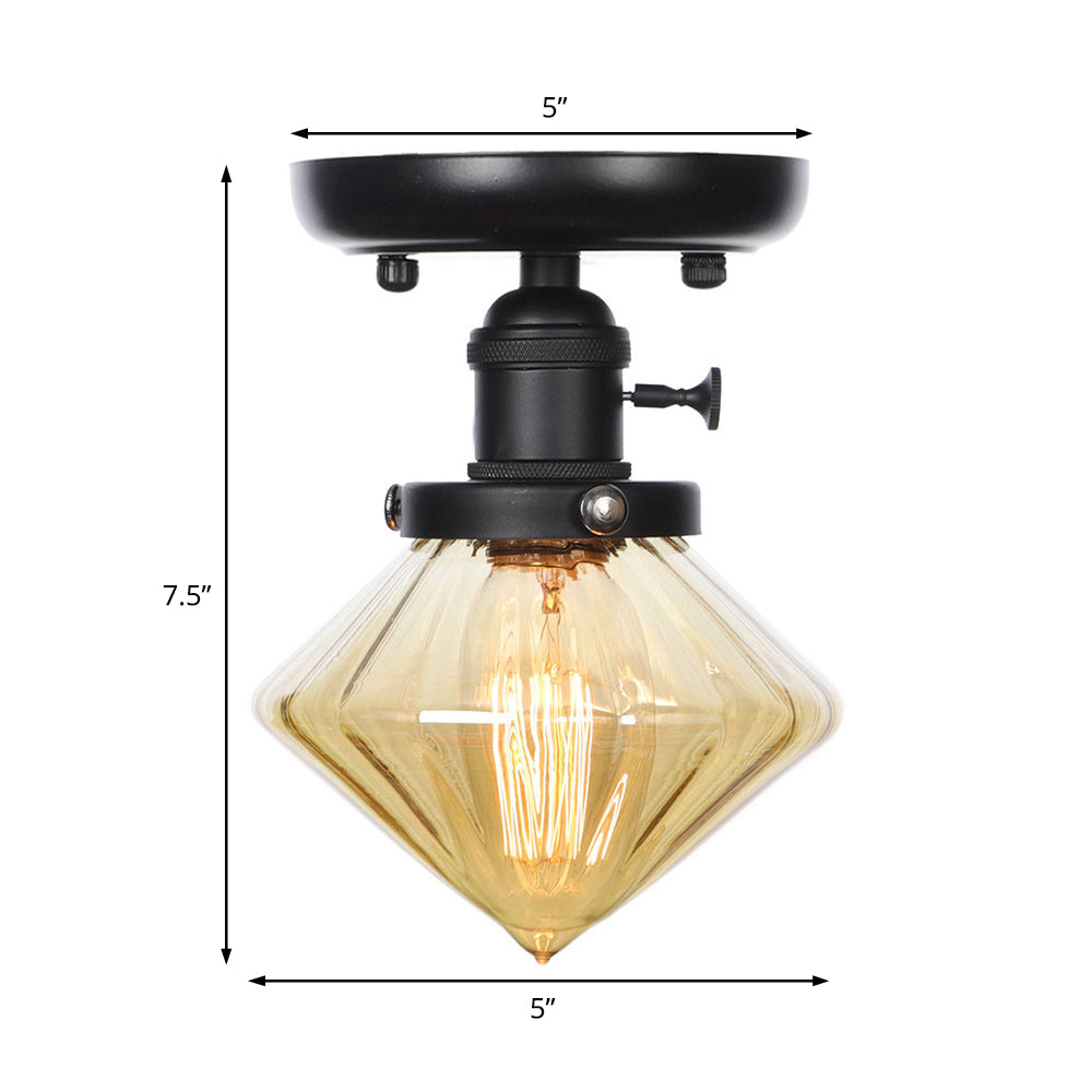 1 Bulb Semi Flush Mount Clear/Amber Glass Industrial Cone/Rhombus/Bell Ceiling Light for Kitchen Clearhalo 'Ceiling Lights' 'Close To Ceiling Lights' 'Close to ceiling' 'Glass shade' 'Glass' 'Semi-flushmount' Lighting' 208919