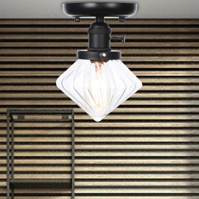 1 Bulb Semi Flush Mount Clear/Amber Glass Industrial Cone/Rhombus/Bell Ceiling Light for Kitchen Clearhalo 'Ceiling Lights' 'Close To Ceiling Lights' 'Close to ceiling' 'Glass shade' 'Glass' 'Semi-flushmount' Lighting' 208920