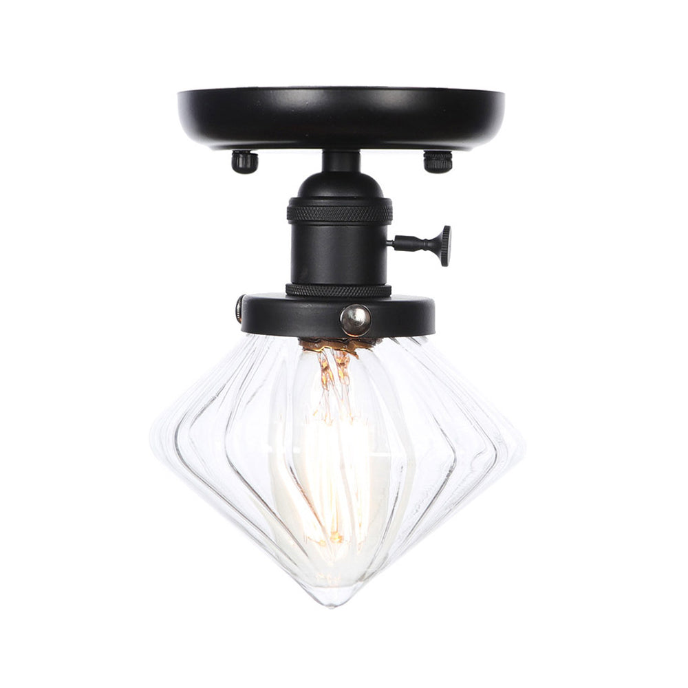 1 Bulb Semi Flush Mount Clear/Amber Glass Industrial Cone/Rhombus/Bell Ceiling Light for Kitchen Clearhalo 'Ceiling Lights' 'Close To Ceiling Lights' 'Close to ceiling' 'Glass shade' 'Glass' 'Semi-flushmount' Lighting' 208922