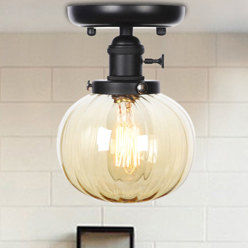 Black 1 Light Ceiling Mount Clear/Amber Glass Industrial Round/Globe Semi Flush Light for Kitchen Clearhalo 'Ceiling Lights' 'Close To Ceiling Lights' 'Close to ceiling' 'Glass shade' 'Glass' 'Semi-flushmount' Lighting' 208950