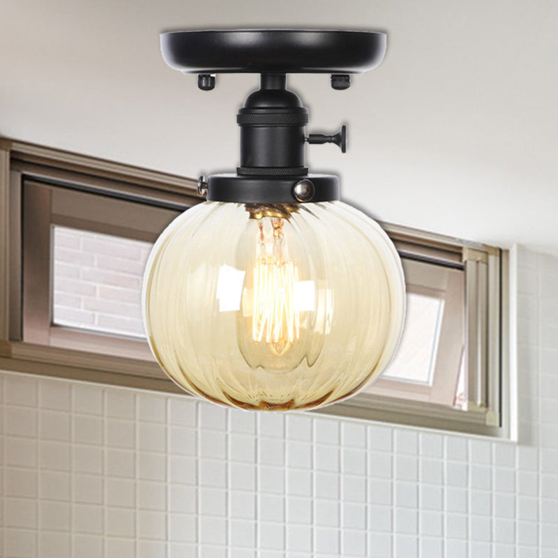 Black 1 Light Ceiling Mount Clear/Amber Glass Industrial Round/Globe Semi Flush Light for Kitchen Amber Round Clearhalo 'Ceiling Lights' 'Close To Ceiling Lights' 'Close to ceiling' 'Glass shade' 'Glass' 'Semi-flushmount' Lighting' 208951