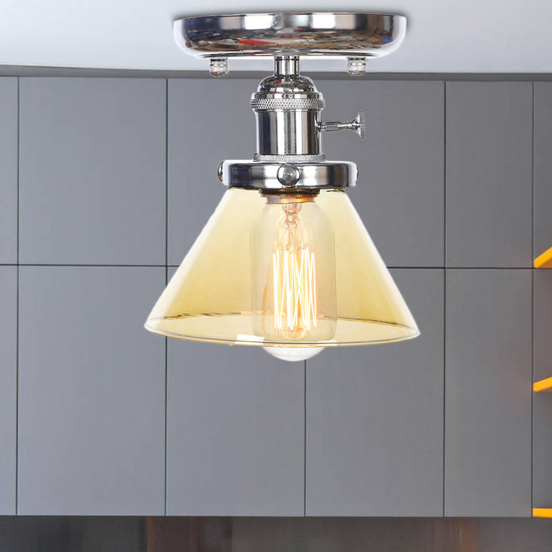 1 Bulb Semi Flush Mount Cone/Bell/Rhombus Industrial Clear/Amber Glass Ceiling Light in Chrome Amber Cone Clearhalo 'Ceiling Lights' 'Close To Ceiling Lights' 'Close to ceiling' 'Glass shade' 'Glass' 'Semi-flushmount' Lighting' 208981