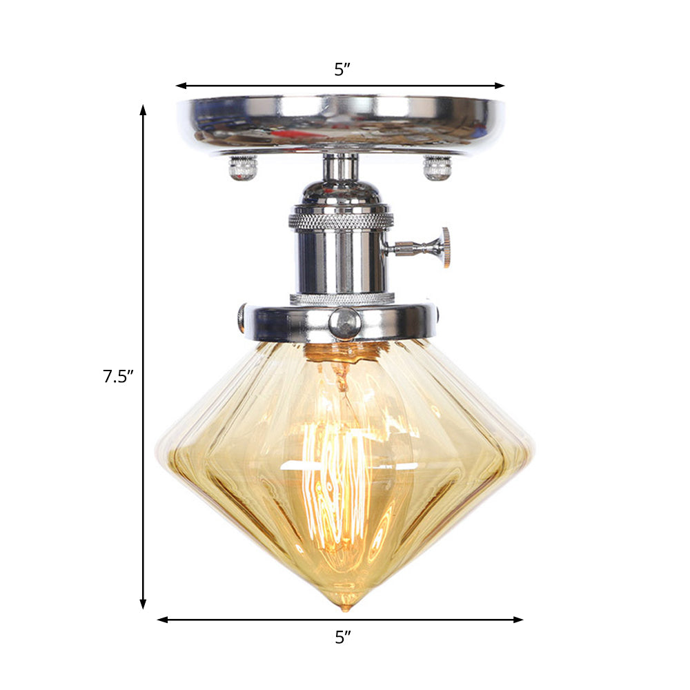 1 Bulb Semi Flush Mount Cone/Bell/Rhombus Industrial Clear/Amber Glass Ceiling Light in Chrome Clearhalo 'Ceiling Lights' 'Close To Ceiling Lights' 'Close to ceiling' 'Glass shade' 'Glass' 'Semi-flushmount' Lighting' 208988