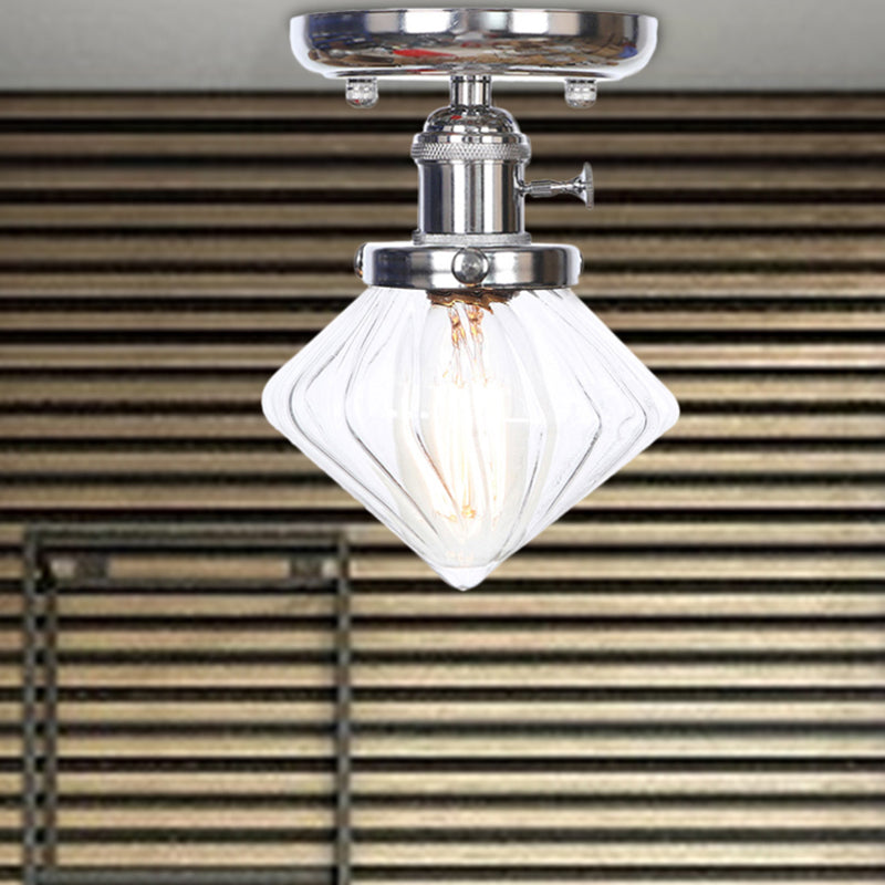 1 Bulb Semi Flush Mount Cone/Bell/Rhombus Industrial Clear/Amber Glass Ceiling Light in Chrome Clear Rhombus Clearhalo 'Ceiling Lights' 'Close To Ceiling Lights' 'Close to ceiling' 'Glass shade' 'Glass' 'Semi-flushmount' Lighting' 208989
