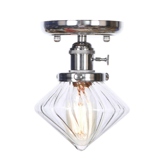 1 Bulb Semi Flush Mount Cone/Bell/Rhombus Industrial Clear/Amber Glass Ceiling Light in Chrome Clearhalo 'Ceiling Lights' 'Close To Ceiling Lights' 'Close to ceiling' 'Glass shade' 'Glass' 'Semi-flushmount' Lighting' 208990