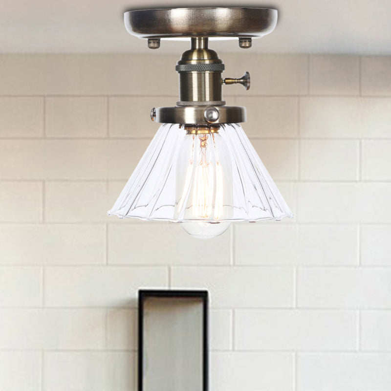 1 Light Ceiling Lighting Industrial Cone/Bell/Rhombus Clear/Amber Glass Semi Flush Mount Light in Bronze Clear Bell Clearhalo 'Ceiling Lights' 'Close To Ceiling Lights' 'Close to ceiling' 'Glass shade' 'Glass' 'Semi-flushmount' Lighting' 209007