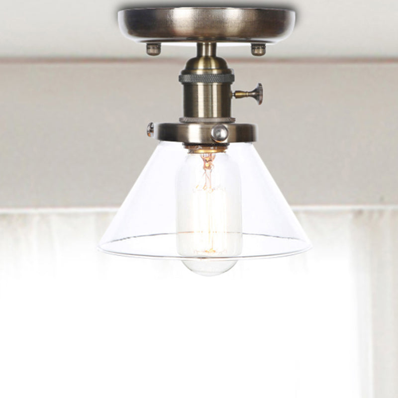 1 Light Ceiling Lighting Industrial Cone/Bell/Rhombus Clear/Amber Glass Semi Flush Mount Light in Bronze Clear Cone Clearhalo 'Ceiling Lights' 'Close To Ceiling Lights' 'Close to ceiling' 'Glass shade' 'Glass' 'Semi-flushmount' Lighting' 209015