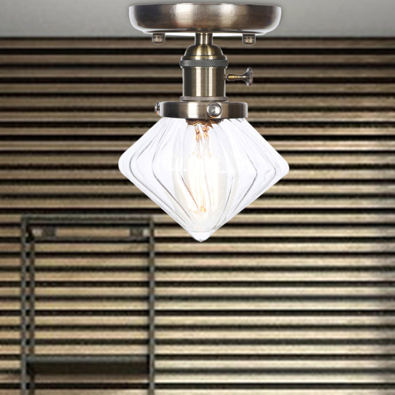 1 Light Ceiling Lighting Industrial Cone/Bell/Rhombus Clear/Amber Glass Semi Flush Mount Light in Bronze Clear Rhombus Clearhalo 'Ceiling Lights' 'Close To Ceiling Lights' 'Close to ceiling' 'Glass shade' 'Glass' 'Semi-flushmount' Lighting' 209021