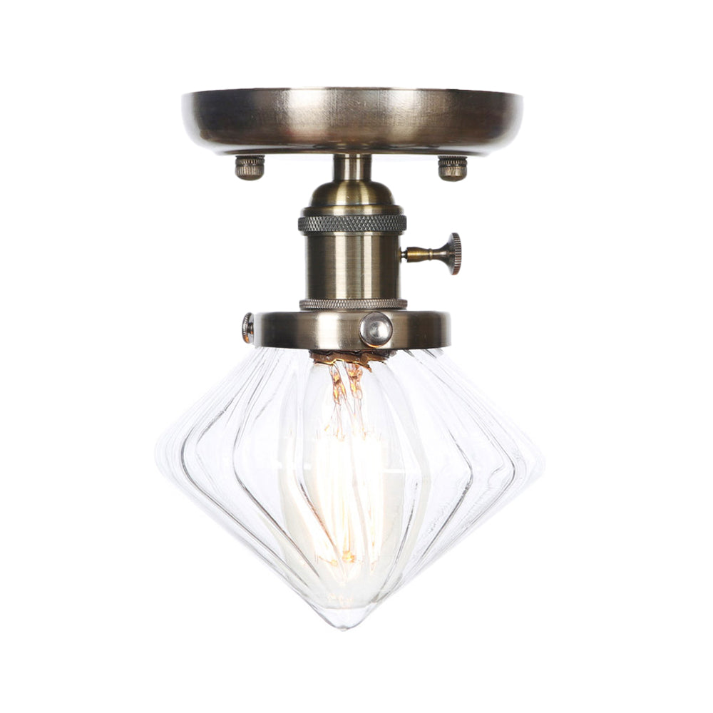 1 Light Ceiling Lighting Industrial Cone/Bell/Rhombus Clear/Amber Glass Semi Flush Mount Light in Bronze Clearhalo 'Ceiling Lights' 'Close To Ceiling Lights' 'Close to ceiling' 'Glass shade' 'Glass' 'Semi-flushmount' Lighting' 209022