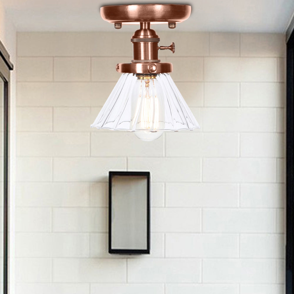 1 Light Cone/Bell Semi Flush Light Industrial Weathered Copper Clear/Amber Glass Lighting Fixture Clear Bell Clearhalo 'Ceiling Lights' 'Close To Ceiling Lights' 'Close to ceiling' 'Semi-flushmount' Lighting' 209038