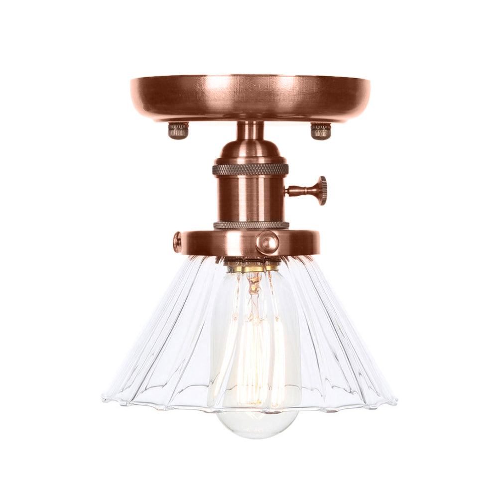 1 Light Cone/Bell Semi Flush Light Industrial Weathered Copper Clear/Amber Glass Lighting Fixture Clearhalo 'Ceiling Lights' 'Close To Ceiling Lights' 'Close to ceiling' 'Semi-flushmount' Lighting' 209039