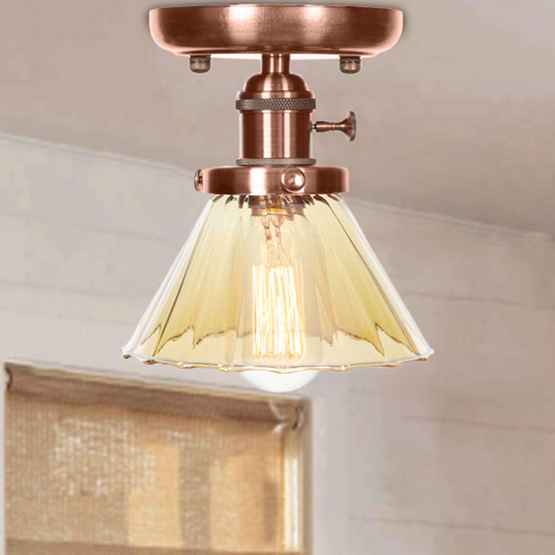 1 Light Cone/Bell Semi Flush Light Industrial Weathered Copper Clear/Amber Glass Lighting Fixture Amber Bell Clearhalo 'Ceiling Lights' 'Close To Ceiling Lights' 'Close to ceiling' 'Semi-flushmount' Lighting' 209040