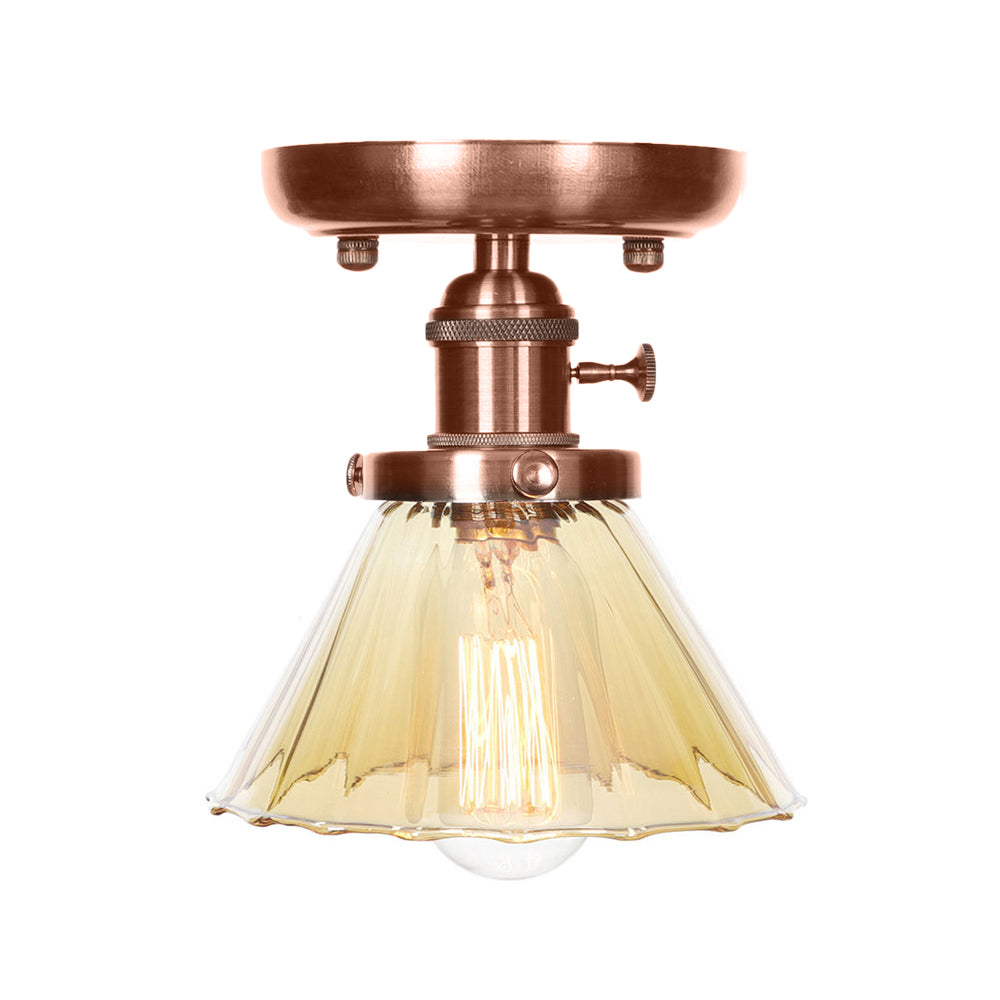 1 Light Cone/Bell Semi Flush Light Industrial Weathered Copper Clear/Amber Glass Lighting Fixture Clearhalo 'Ceiling Lights' 'Close To Ceiling Lights' 'Close to ceiling' 'Semi-flushmount' Lighting' 209041