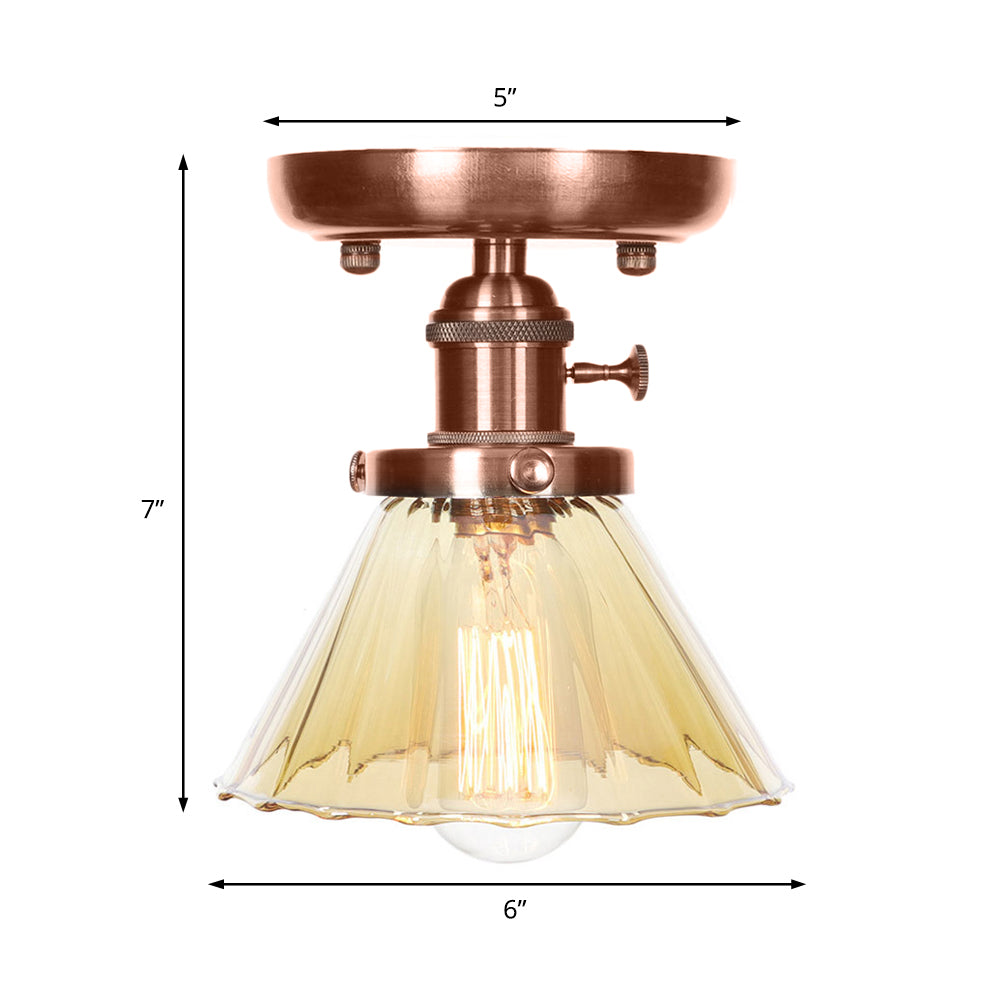 1 Light Cone/Bell Semi Flush Light Industrial Weathered Copper Clear/Amber Glass Lighting Fixture Clearhalo 'Ceiling Lights' 'Close To Ceiling Lights' 'Close to ceiling' 'Semi-flushmount' Lighting' 209042