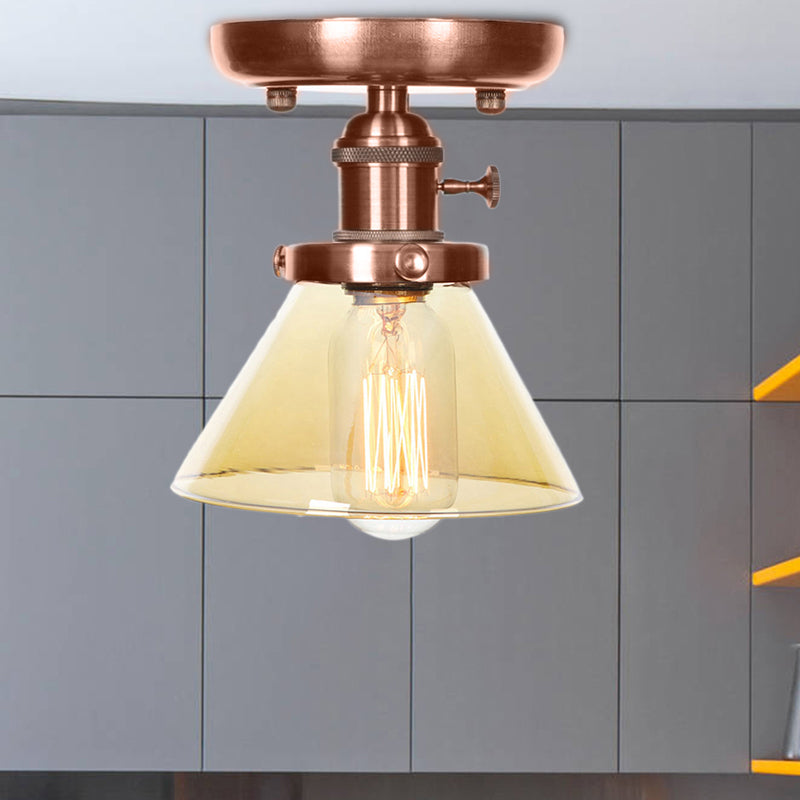 1 Light Cone/Bell Semi Flush Light Industrial Weathered Copper Clear/Amber Glass Lighting Fixture Clearhalo 'Ceiling Lights' 'Close To Ceiling Lights' 'Close to ceiling' 'Semi-flushmount' Lighting' 209044