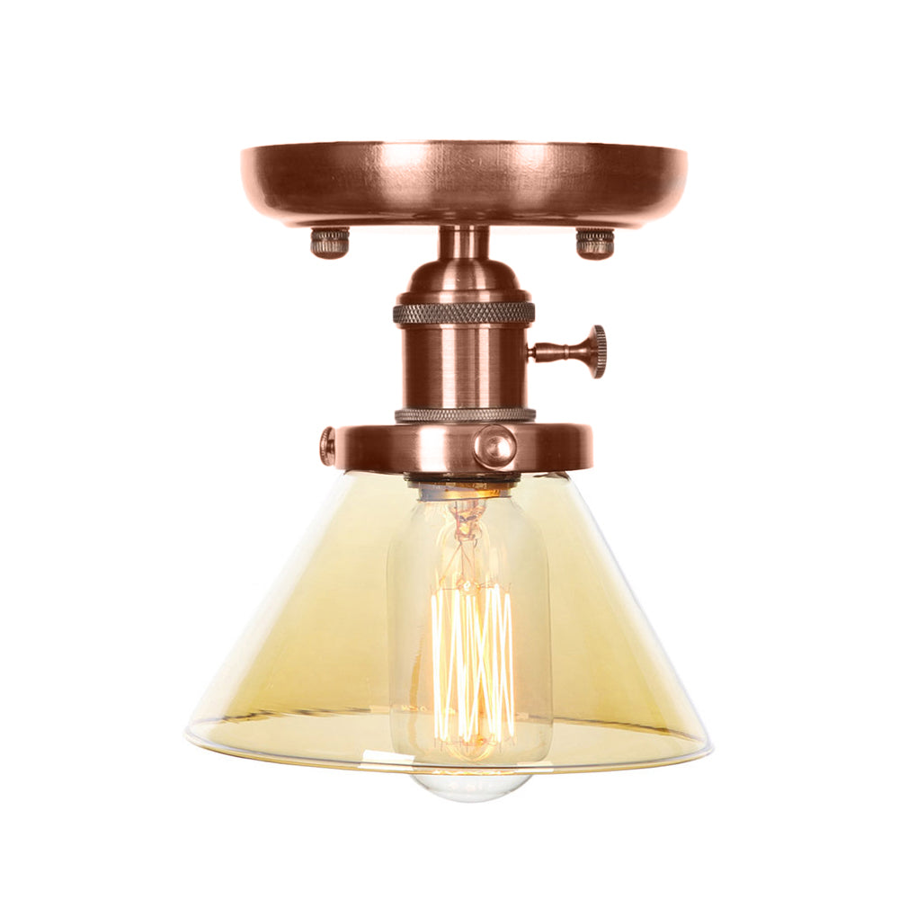 1 Light Cone/Bell Semi Flush Light Industrial Weathered Copper Clear/Amber Glass Lighting Fixture Clearhalo 'Ceiling Lights' 'Close To Ceiling Lights' 'Close to ceiling' 'Semi-flushmount' Lighting' 209045