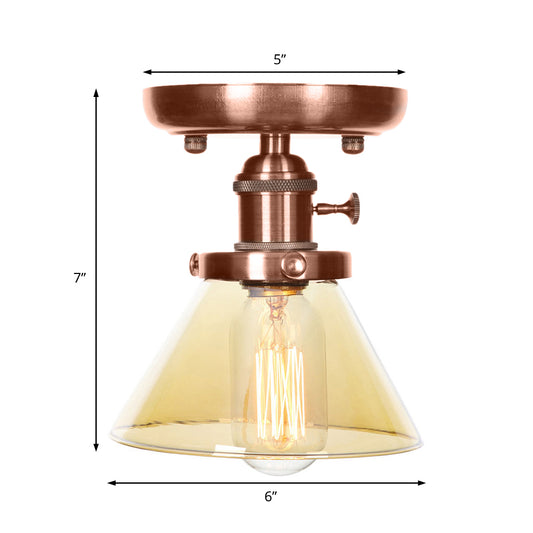 1 Light Cone/Bell Semi Flush Light Industrial Weathered Copper Clear/Amber Glass Lighting Fixture Clearhalo 'Ceiling Lights' 'Close To Ceiling Lights' 'Close to ceiling' 'Semi-flushmount' Lighting' 209046