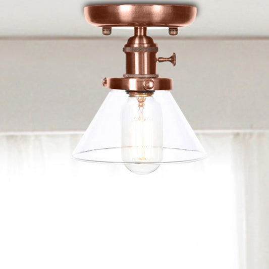 1 Light Cone/Bell Semi Flush Light Industrial Weathered Copper Clear/Amber Glass Lighting Fixture Clear Cone Clearhalo 'Ceiling Lights' 'Close To Ceiling Lights' 'Close to ceiling' 'Semi-flushmount' Lighting' 209047