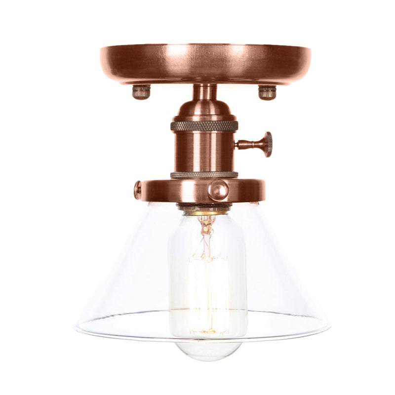 1 Light Cone/Bell Semi Flush Light Industrial Weathered Copper Clear/Amber Glass Lighting Fixture Clearhalo 'Ceiling Lights' 'Close To Ceiling Lights' 'Close to ceiling' 'Semi-flushmount' Lighting' 209048