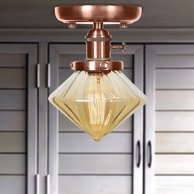 1 Light Cone/Bell Semi Flush Light Industrial Weathered Copper Clear/Amber Glass Lighting Fixture Amber Rhombus Clearhalo 'Ceiling Lights' 'Close To Ceiling Lights' 'Close to ceiling' 'Semi-flushmount' Lighting' 209049