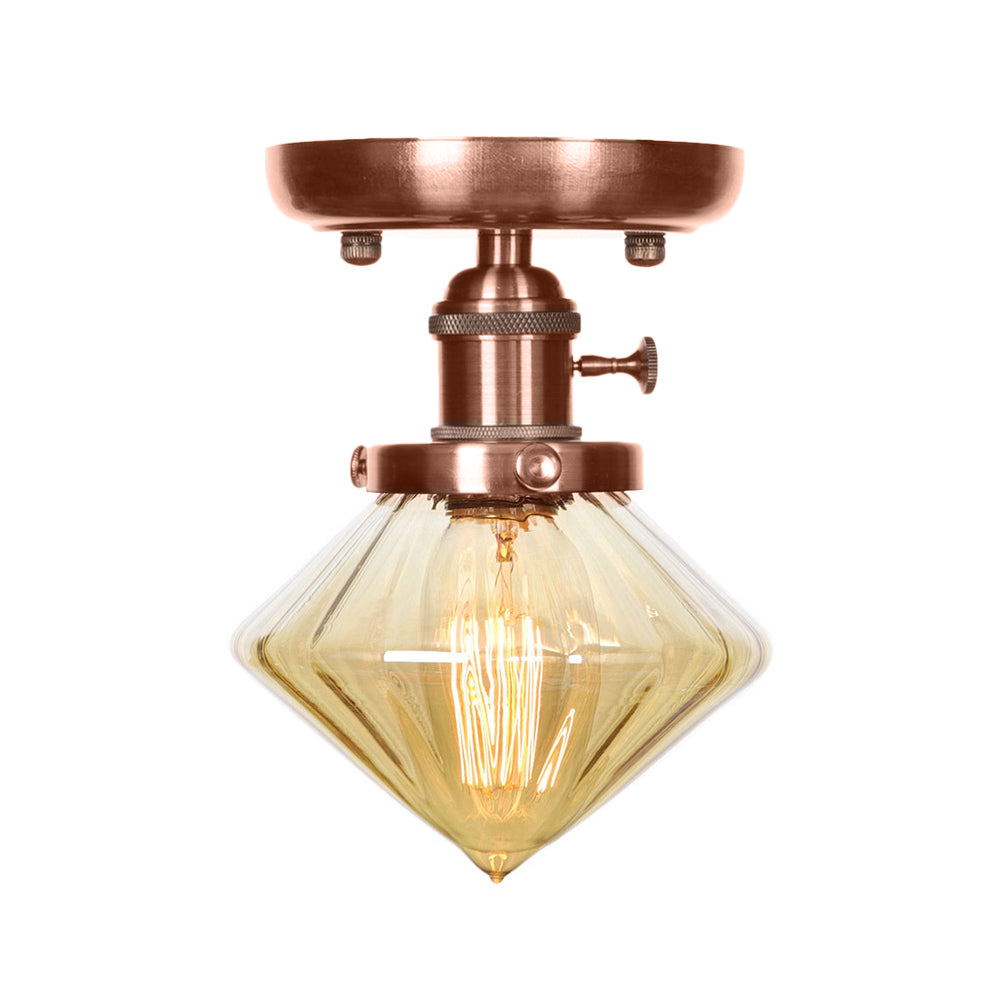 1 Light Cone/Bell Semi Flush Light Industrial Weathered Copper Clear/Amber Glass Lighting Fixture Clearhalo 'Ceiling Lights' 'Close To Ceiling Lights' 'Close to ceiling' 'Semi-flushmount' Lighting' 209050