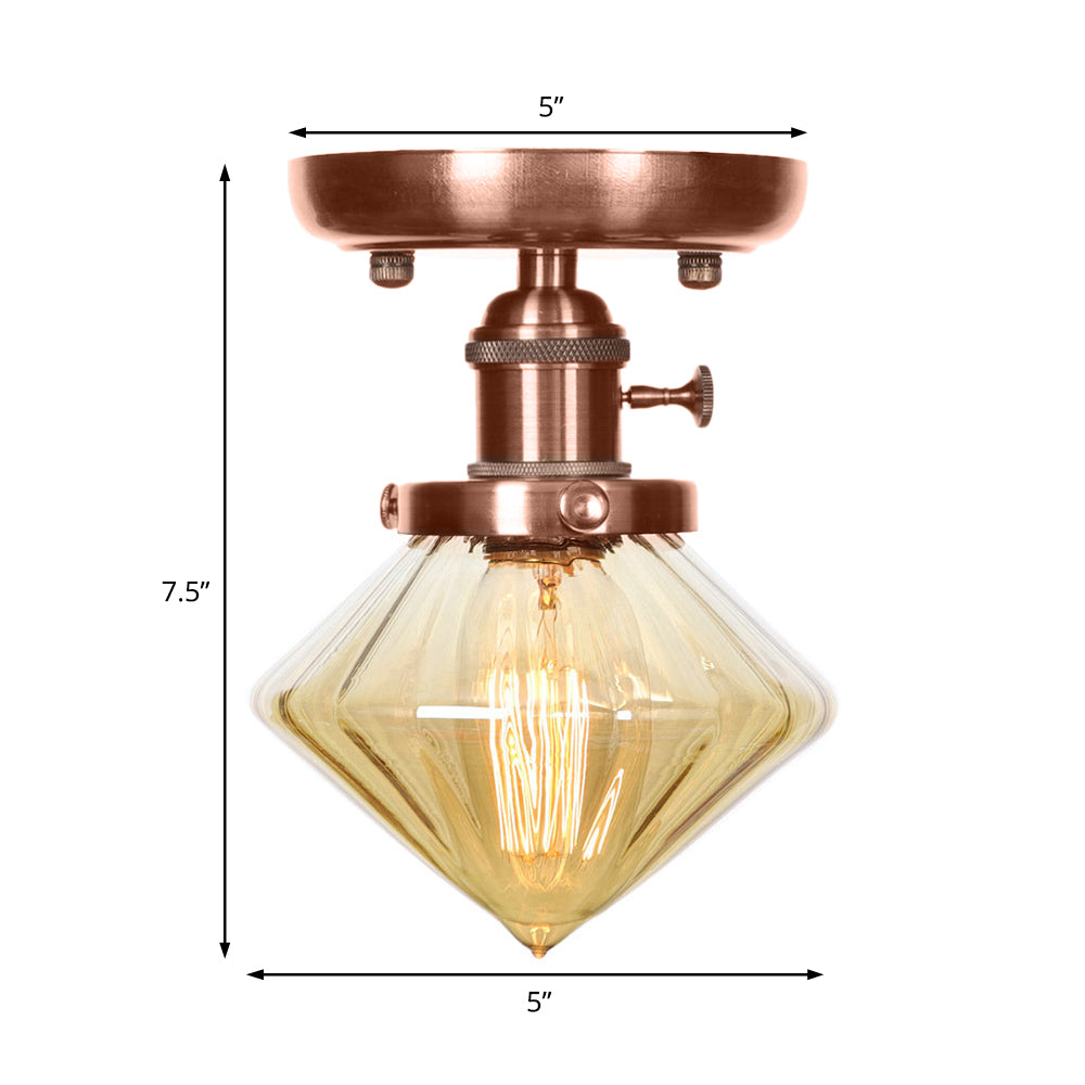 1 Light Cone/Bell Semi Flush Light Industrial Weathered Copper Clear/Amber Glass Lighting Fixture Clearhalo 'Ceiling Lights' 'Close To Ceiling Lights' 'Close to ceiling' 'Semi-flushmount' Lighting' 209051