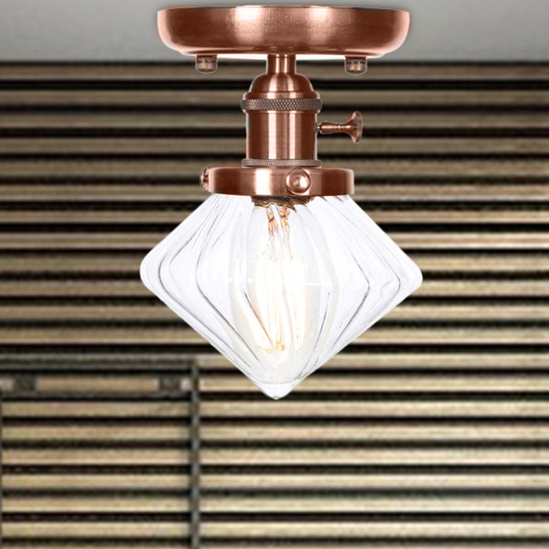 1 Light Cone/Bell Semi Flush Light Industrial Weathered Copper Clear/Amber Glass Lighting Fixture Clear Rhombus Clearhalo 'Ceiling Lights' 'Close To Ceiling Lights' 'Close to ceiling' 'Semi-flushmount' Lighting' 209052