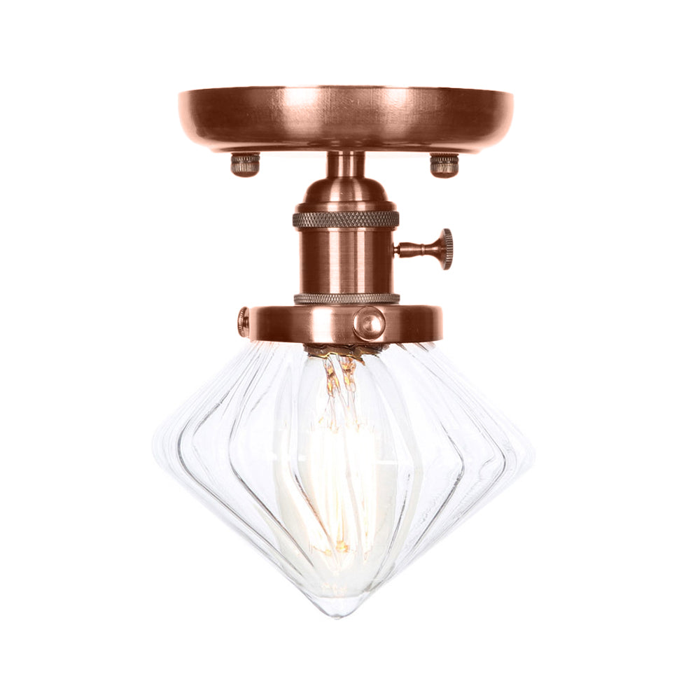 1 Light Cone/Bell Semi Flush Light Industrial Weathered Copper Clear/Amber Glass Lighting Fixture Clearhalo 'Ceiling Lights' 'Close To Ceiling Lights' 'Close to ceiling' 'Semi-flushmount' Lighting' 209053