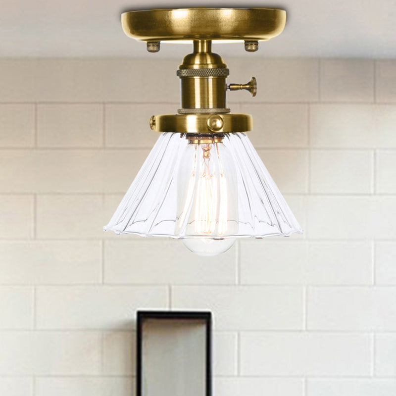 1 Light Clear/Amber Glass Ceiling Lighting Industrial Brass Cone/Rhombus/Bell Dining Room Semi Flush Mount Clear Bell Clearhalo 'Ceiling Lights' 'Close To Ceiling Lights' 'Close to ceiling' 'Glass shade' 'Glass' 'Semi-flushmount' Lighting' 209058