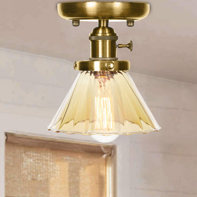 1 Light Clear/Amber Glass Ceiling Lighting Industrial Brass Cone/Rhombus/Bell Dining Room Semi Flush Mount Amber Bell Clearhalo 'Ceiling Lights' 'Close To Ceiling Lights' 'Close to ceiling' 'Glass shade' 'Glass' 'Semi-flushmount' Lighting' 209060