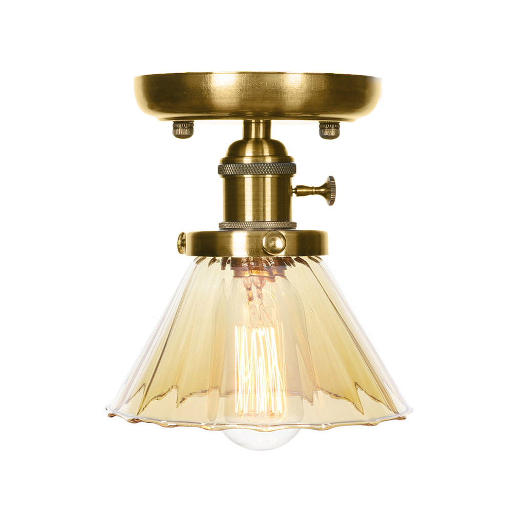 1 Light Clear/Amber Glass Ceiling Lighting Industrial Brass Cone/Rhombus/Bell Dining Room Semi Flush Mount Clearhalo 'Ceiling Lights' 'Close To Ceiling Lights' 'Close to ceiling' 'Glass shade' 'Glass' 'Semi-flushmount' Lighting' 209061