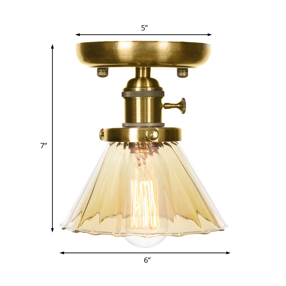 1 Light Clear/Amber Glass Ceiling Lighting Industrial Brass Cone/Rhombus/Bell Dining Room Semi Flush Mount Clearhalo 'Ceiling Lights' 'Close To Ceiling Lights' 'Close to ceiling' 'Glass shade' 'Glass' 'Semi-flushmount' Lighting' 209062