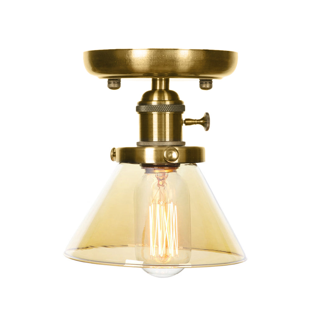 1 Light Clear/Amber Glass Ceiling Lighting Industrial Brass Cone/Rhombus/Bell Dining Room Semi Flush Mount Clearhalo 'Ceiling Lights' 'Close To Ceiling Lights' 'Close to ceiling' 'Glass shade' 'Glass' 'Semi-flushmount' Lighting' 209064