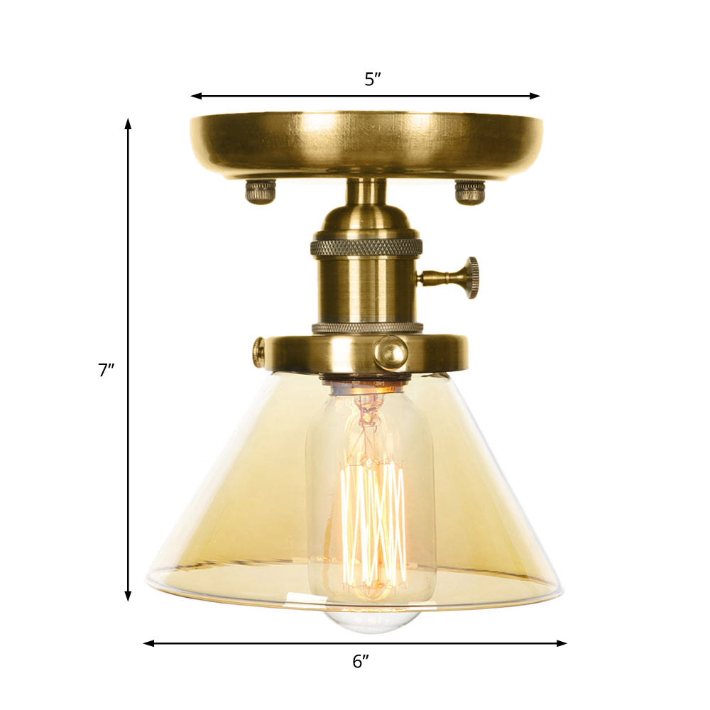 1 Light Clear/Amber Glass Ceiling Lighting Industrial Brass Cone/Rhombus/Bell Dining Room Semi Flush Mount Clearhalo 'Ceiling Lights' 'Close To Ceiling Lights' 'Close to ceiling' 'Glass shade' 'Glass' 'Semi-flushmount' Lighting' 209065