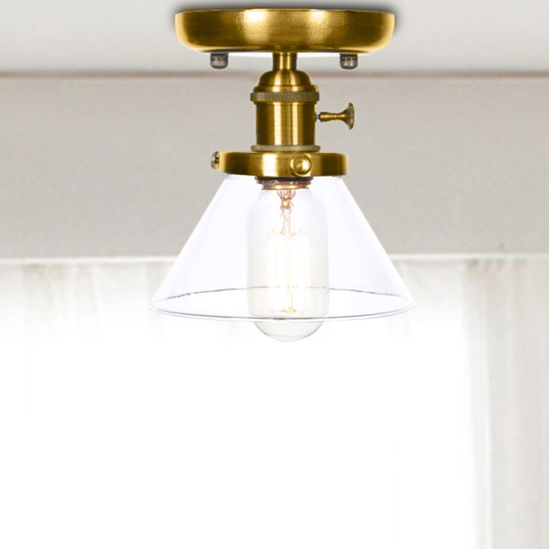 1 Light Clear/Amber Glass Ceiling Lighting Industrial Brass Cone/Rhombus/Bell Dining Room Semi Flush Mount Clear Cone Clearhalo 'Ceiling Lights' 'Close To Ceiling Lights' 'Close to ceiling' 'Glass shade' 'Glass' 'Semi-flushmount' Lighting' 209066