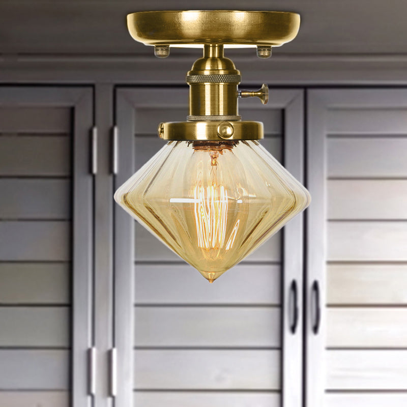 1 Light Clear/Amber Glass Ceiling Lighting Industrial Brass Cone/Rhombus/Bell Dining Room Semi Flush Mount Amber Rhombus Clearhalo 'Ceiling Lights' 'Close To Ceiling Lights' 'Close to ceiling' 'Glass shade' 'Glass' 'Semi-flushmount' Lighting' 209068