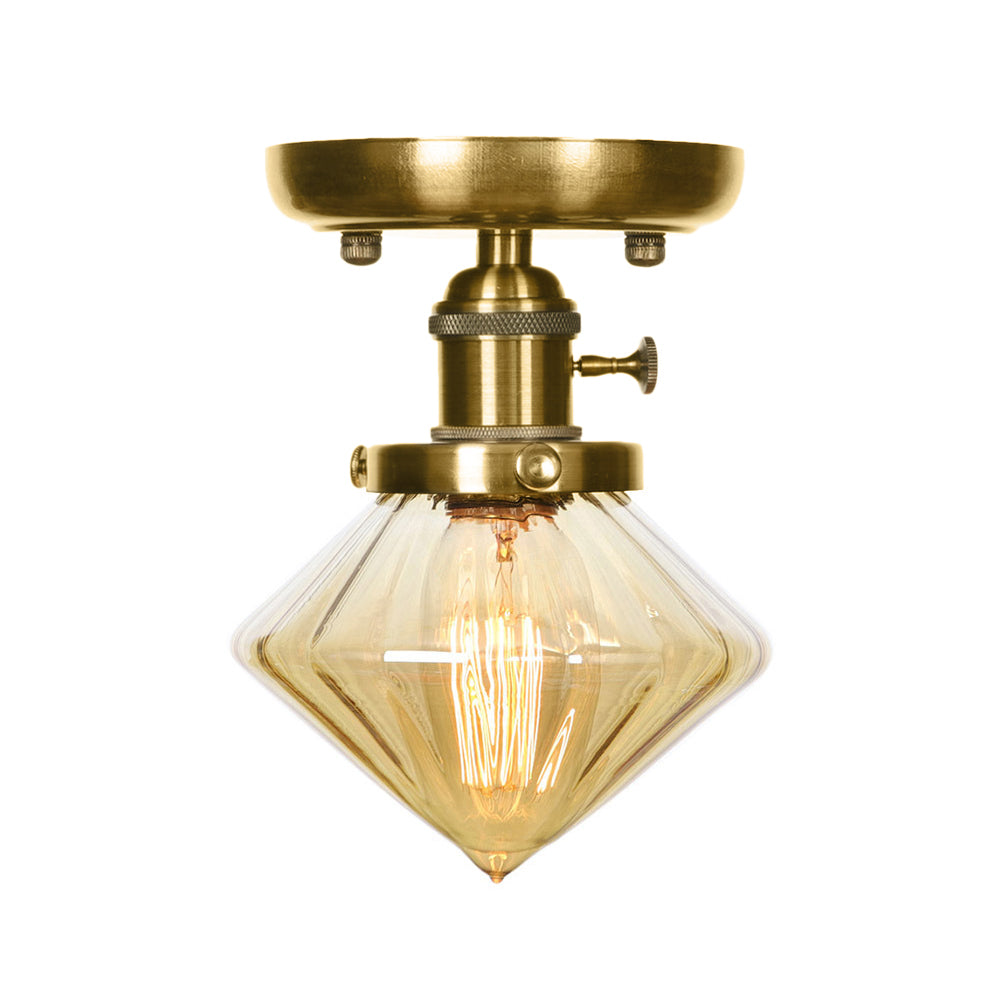 1 Light Clear/Amber Glass Ceiling Lighting Industrial Brass Cone/Rhombus/Bell Dining Room Semi Flush Mount Clearhalo 'Ceiling Lights' 'Close To Ceiling Lights' 'Close to ceiling' 'Glass shade' 'Glass' 'Semi-flushmount' Lighting' 209069