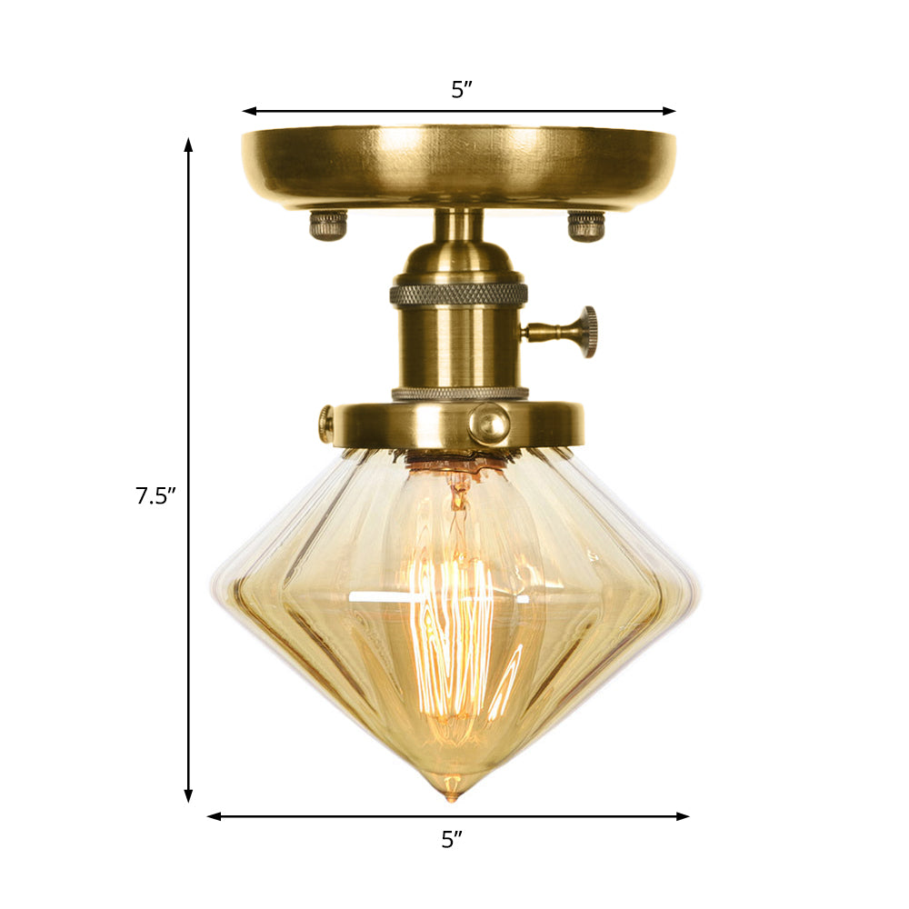 1 Light Clear/Amber Glass Ceiling Lighting Industrial Brass Cone/Rhombus/Bell Dining Room Semi Flush Mount Clearhalo 'Ceiling Lights' 'Close To Ceiling Lights' 'Close to ceiling' 'Glass shade' 'Glass' 'Semi-flushmount' Lighting' 209070