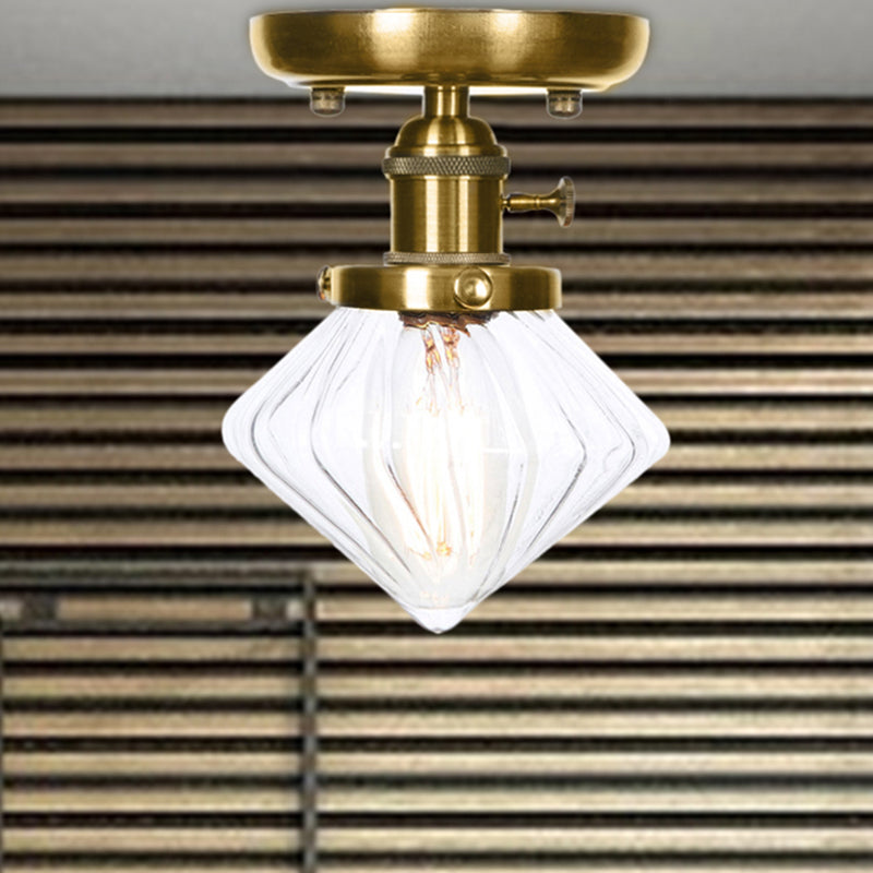 1 Light Clear/Amber Glass Ceiling Lighting Industrial Brass Cone/Rhombus/Bell Dining Room Semi Flush Mount Clear Rhombus Clearhalo 'Ceiling Lights' 'Close To Ceiling Lights' 'Close to ceiling' 'Glass shade' 'Glass' 'Semi-flushmount' Lighting' 209071