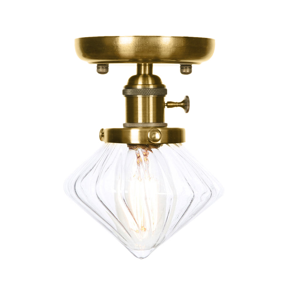 1 Light Clear/Amber Glass Ceiling Lighting Industrial Brass Cone/Rhombus/Bell Dining Room Semi Flush Mount Clearhalo 'Ceiling Lights' 'Close To Ceiling Lights' 'Close to ceiling' 'Glass shade' 'Glass' 'Semi-flushmount' Lighting' 209072