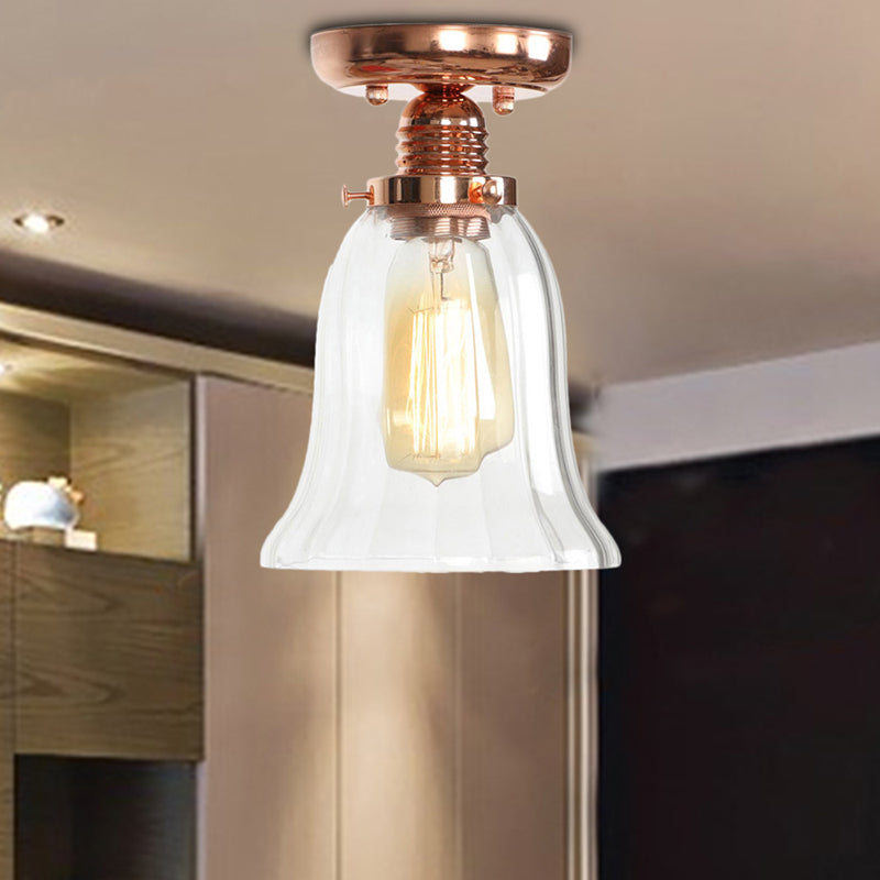 1 Light Ceiling Light Fixture with Cone/Barrel/Bell Shade Clear Glass Industrial Living Room Semi Flush in Copper Copper Bell Clearhalo 'Ceiling Lights' 'Close To Ceiling Lights' 'Close to ceiling' 'Glass shade' 'Glass' 'Semi-flushmount' Lighting' 209098