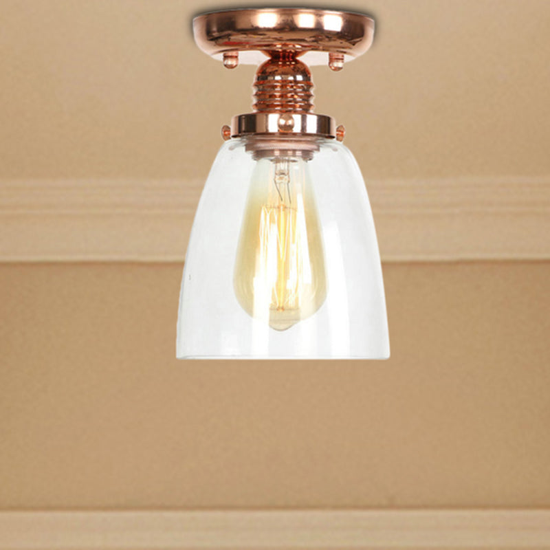1 Light Ceiling Light Fixture with Cone/Barrel/Bell Shade Clear Glass Industrial Living Room Semi Flush in Copper Clearhalo 'Ceiling Lights' 'Close To Ceiling Lights' 'Close to ceiling' 'Glass shade' 'Glass' 'Semi-flushmount' Lighting' 209101