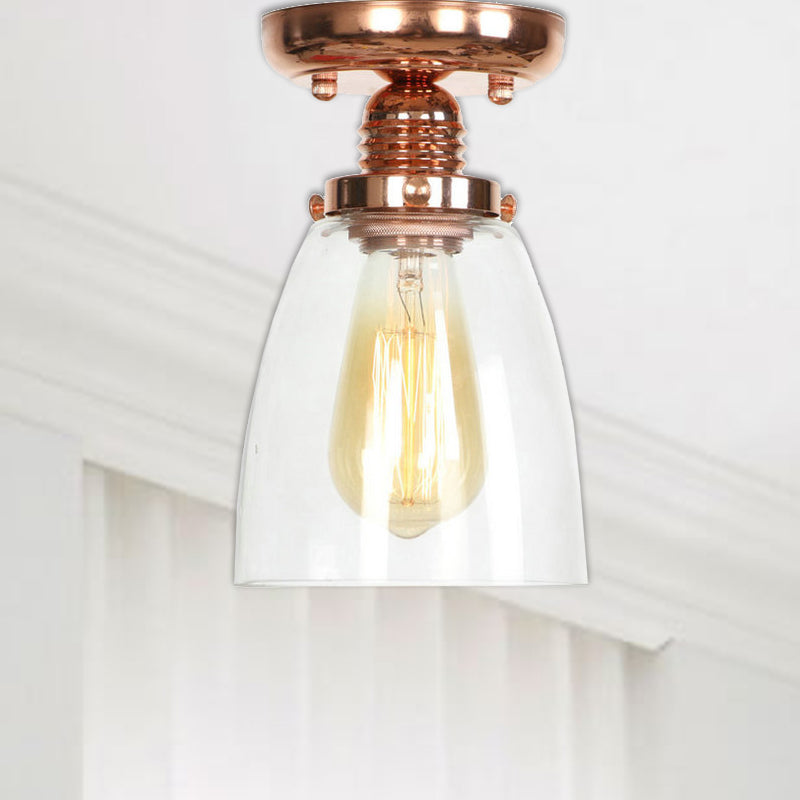 1 Light Ceiling Light Fixture with Cone/Barrel/Bell Shade Clear Glass Industrial Living Room Semi Flush in Copper Copper Barrel Clearhalo 'Ceiling Lights' 'Close To Ceiling Lights' 'Close to ceiling' 'Glass shade' 'Glass' 'Semi-flushmount' Lighting' 209102