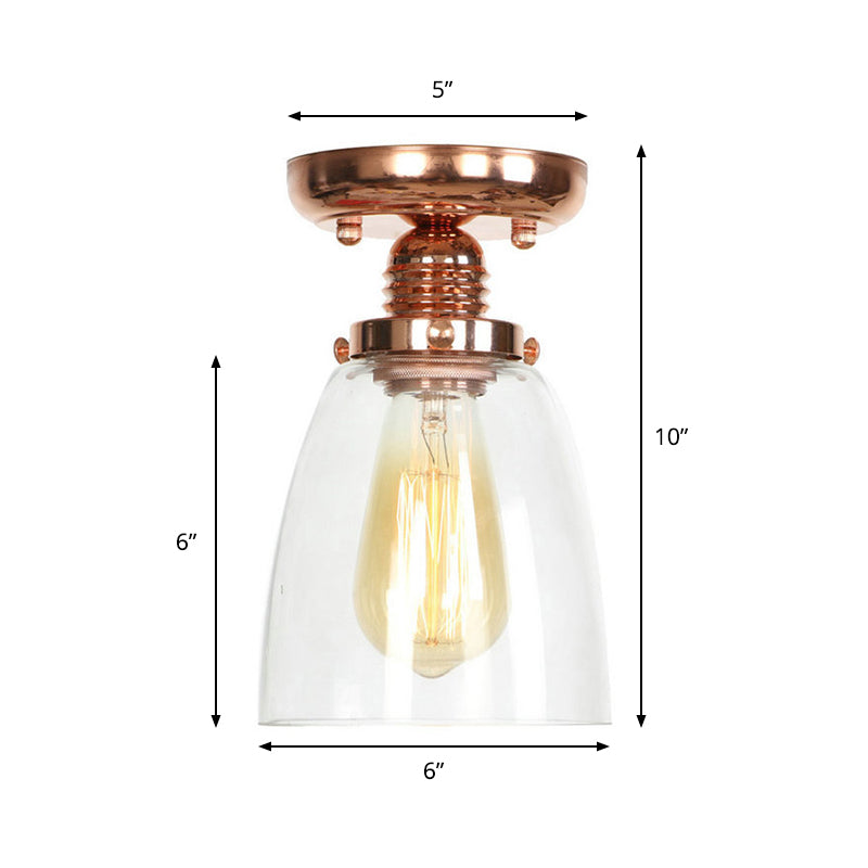 1 Light Ceiling Light Fixture with Cone/Barrel/Bell Shade Clear Glass Industrial Living Room Semi Flush in Copper Clearhalo 'Ceiling Lights' 'Close To Ceiling Lights' 'Close to ceiling' 'Glass shade' 'Glass' 'Semi-flushmount' Lighting' 209104